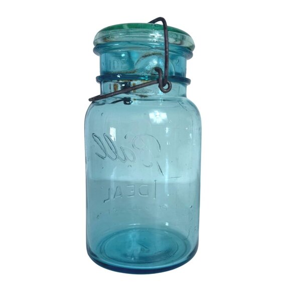 Ball Ideal Aqua Blue Mason Jar Canning Glass Lid Wire Closure VTG Quart Number 1 - Picture 4 of 16